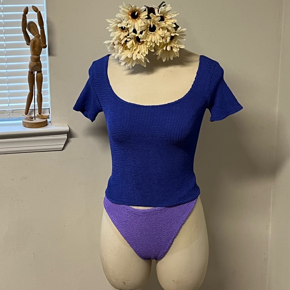 Vintage Hunza G Blue Swimwear T shirt Top
